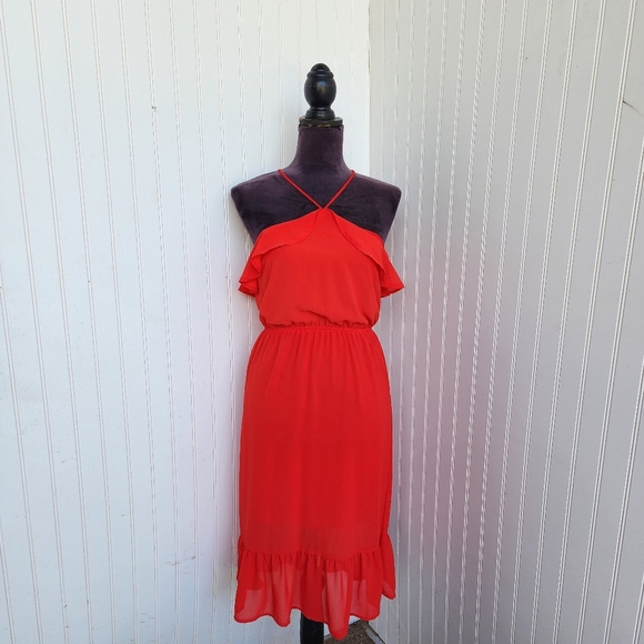 Monteau Fit & Flare Dress Women's Red Ruffled Spaghetti Straps Halter Neck Sz S - Picture 1 of 13